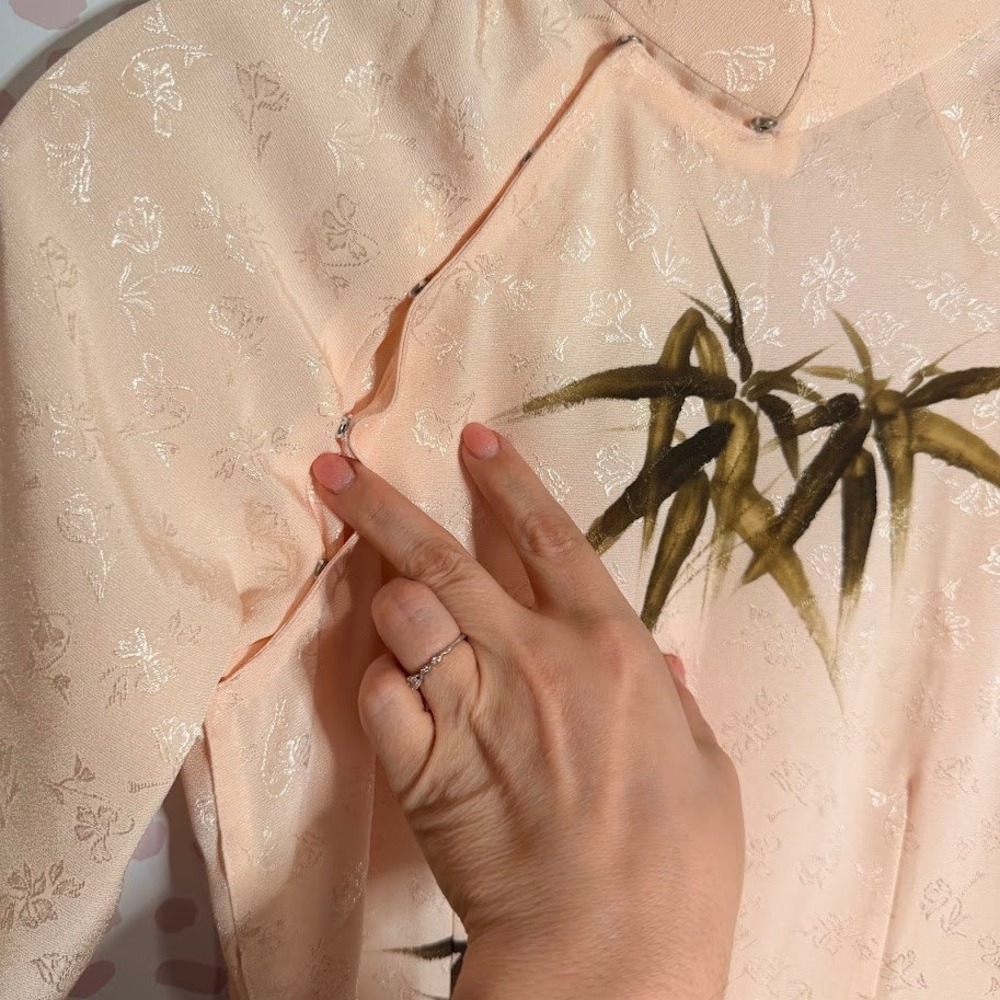 Vintage Vietnamese Ao Dai Peach Jacquard Hand Painted Bamboo Kimono Dress Small - Picture 8 of 9